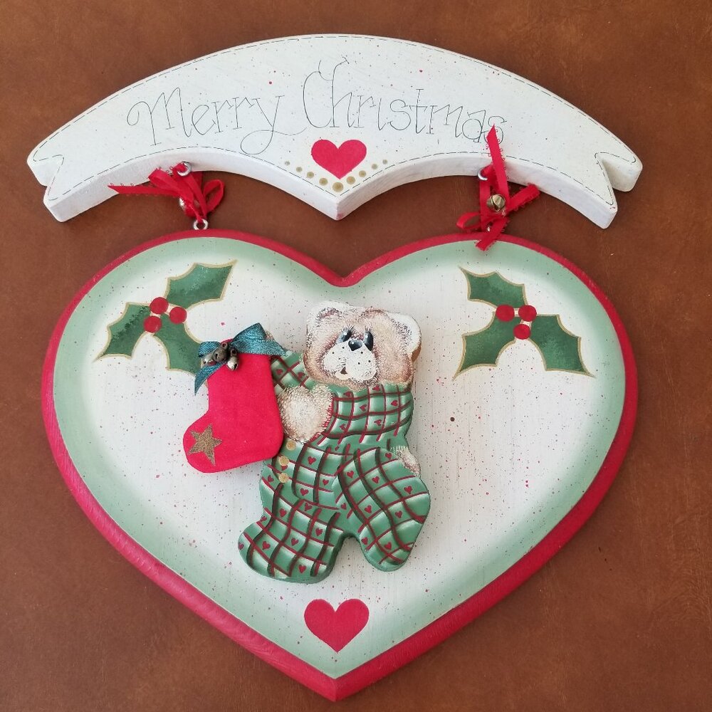 Hand painted Merry Christmas Teddy Bear Wall Hanging